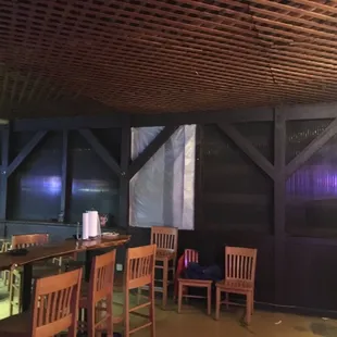 tables and chairs in a dark room