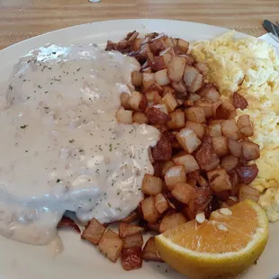 Biscuits and gravy with scrambled eggs