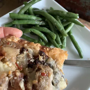 My leftover Fairway Flat- Eggplant, Sausage. Bacon- with my own green beans. but fantastic!