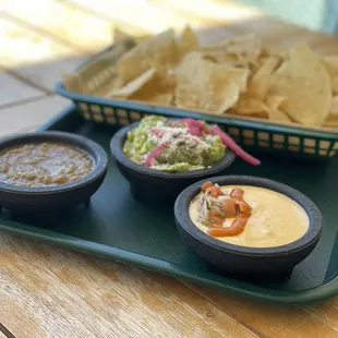 The trio appetizer- salsa, queso, and guacamole