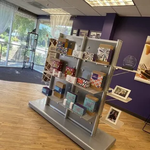 a display in a purple room