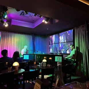a group of people sitting in a bar
