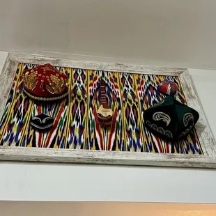 a picture of a tray with a hat and a pair of shoes