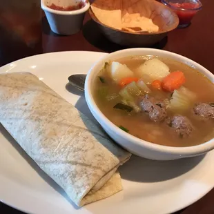 Lunch Special, Albóndigas and Green Chile Burrito