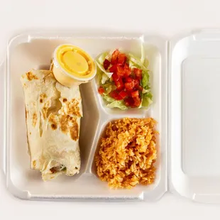 a view of a meal in a styrofoam container