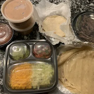 Fajitas For 4 - beef set with both corn and flour tortillas. Larger flour tortillas on bottom right had strange doughy texture.