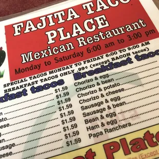 Menu cover with hours listed