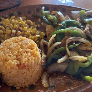 Lunch potion of chicken fajitas with two sides. I think it ran $12. February 2025