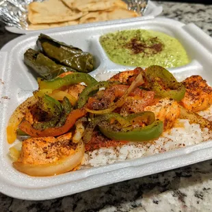 Kabob Platter. Chicken kabob skewer, Greek salad, grape leaves, cilantro hummus, pita. $11.50.