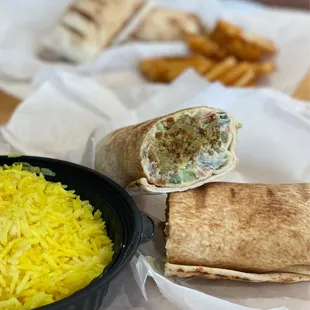 Falafel Sandwich, Rice, Waffle Fries