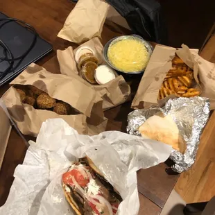 Gyro Sandwich, Waffle Fries, Rice, Falafel