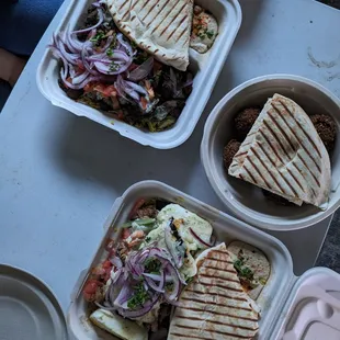 Lamb &amp; beef shawerma plate, side order of falafel, grilled haloumi cheese plate
