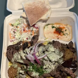 beef + lamb shawarma plate with added eggplant and falafel