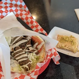 Lamb and beef gyro, and baklava.