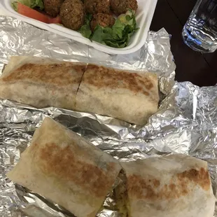 2 chicken wraps with a side of falafel