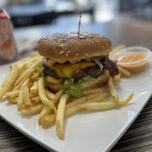 a hamburger and french fries