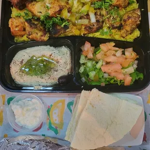 Chicken kebab plate and Chicken shawarma sandwich