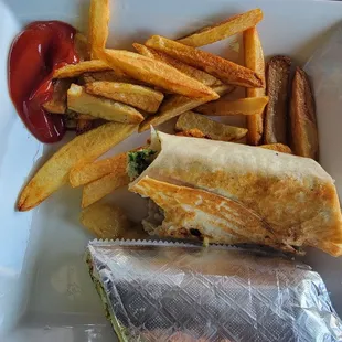 Falafel wrap and the smallest order of fries