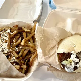 Falafel in Pita Pocket with Feta Cheese and Garlic Fries with Feta Cheese