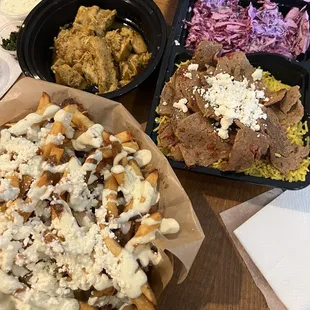 Lamb Gyro Bowl, Side of Chicken Shawarma, and Garlic Fries