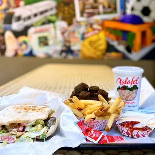 Large Gyro Pita ($9.75 x2), Large Fries ($5), Falafels (50 cents ea.), tahini, and hot sauce (more ketchupy than spicy)
