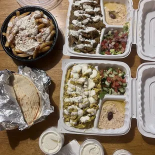 Chicken Shawarma Plate, Lamb &amp; Beef Gyro Plate, Greek Fries. Falafelville Sauces (tzatziki, garlic &amp; tahini).