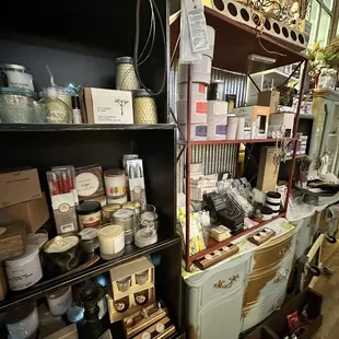a shelf full of items