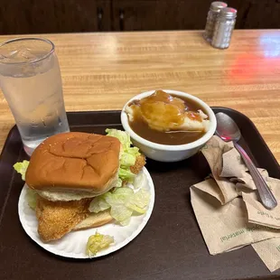 Cod sandwich, mashed potatoes and gravy. So many other great options to pick from. Tough decision.
