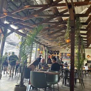 people sitting at tables in a restaurant