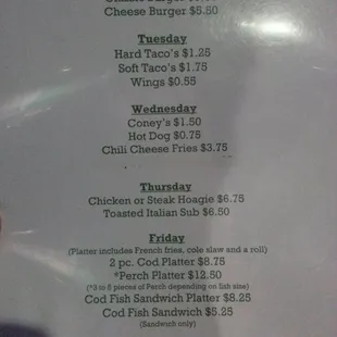 Daily specials