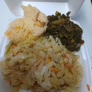 Cheesy Mash Potato, Steam Cabbage and Turnip Greens