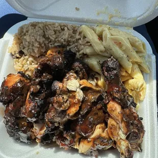 Jerk Chicken, Rasta pasta, Rice and Beans