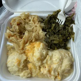 Vegetable plate with cabbage, turnip greens and Cheesy Mashed Potatoes.