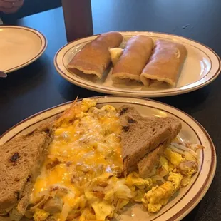 Falls cafe scramble (front) and pigs in a blanket (back)