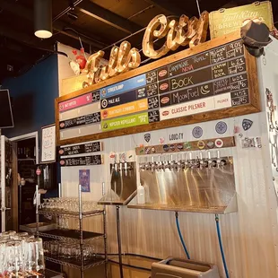 a counter with beer taps