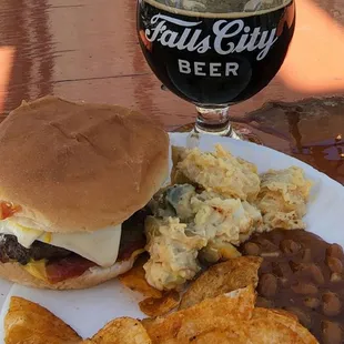 Cheeseburgers in the grill with Birthday Cake beer