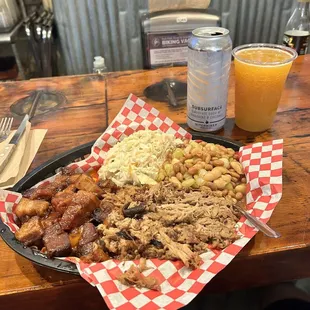 Pork belly, pulled pork, baked beans, coleslaw and Hitchhiker Subsurface