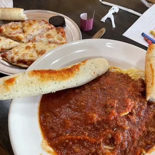 Kids cheese pizza, spaghetti with meat sauce