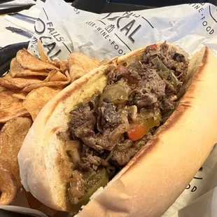 Beef Philly Cheesesteak with house chips