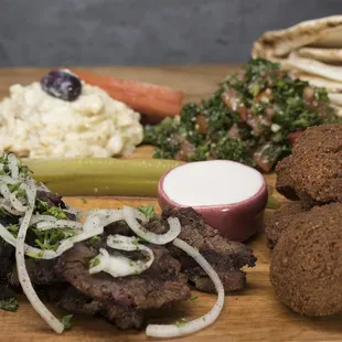 beef kabob, falafel, baba ganoush, tabouli