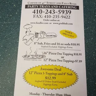 a menu for a pizza restaurant