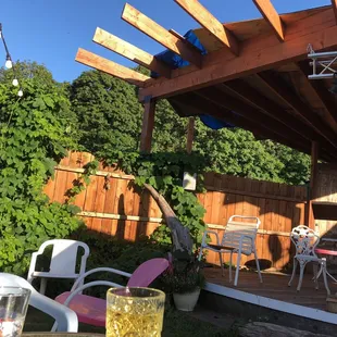 Lights, vine, and stage outside.