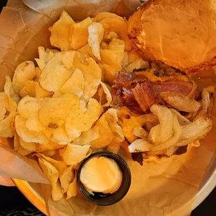 Barrel Burger topped with cheddar cheese, caramelized onions and bacon with mayo.