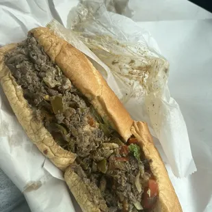 Mushroom Philly with hot &amp; sweet peppers, fried onions, lettuce, tomatoes, salt/pepper