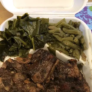 Ox tails, collard greens and green beans.