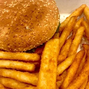 a hamburger and french fries