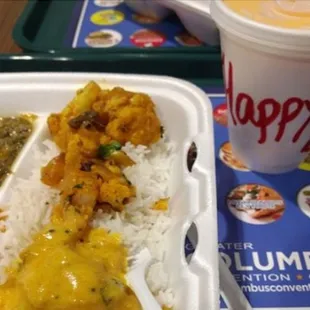 a tray of food and a drink