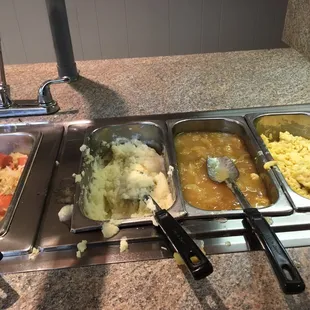 Sausage and sauerkraut, Mashed potatoes, cooked apples, macaroni and cheese