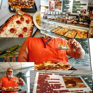 a man holding a slice of pizza