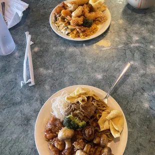 two plates of food on a table